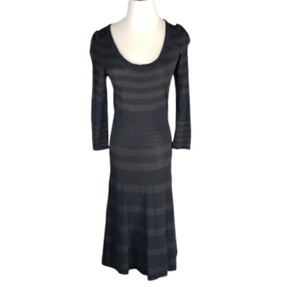 Sophie Max Y2K Striped Midi Knit Dress Brown Black Scoopneck Long Sleeve Career
